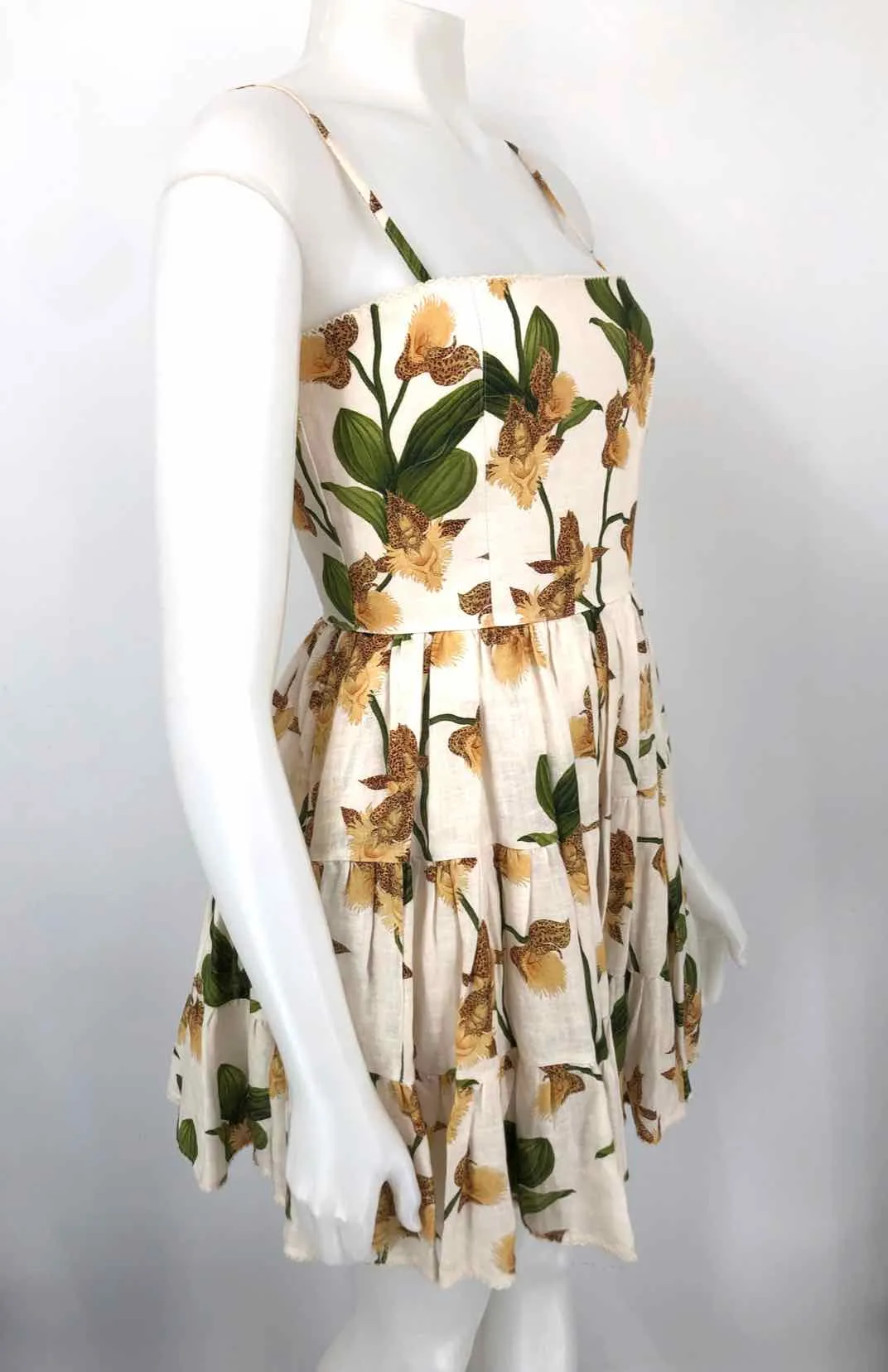 AGUA BENDITA Beige Green & Khaki Linen Floral Mini Size SMALL (S) Dress