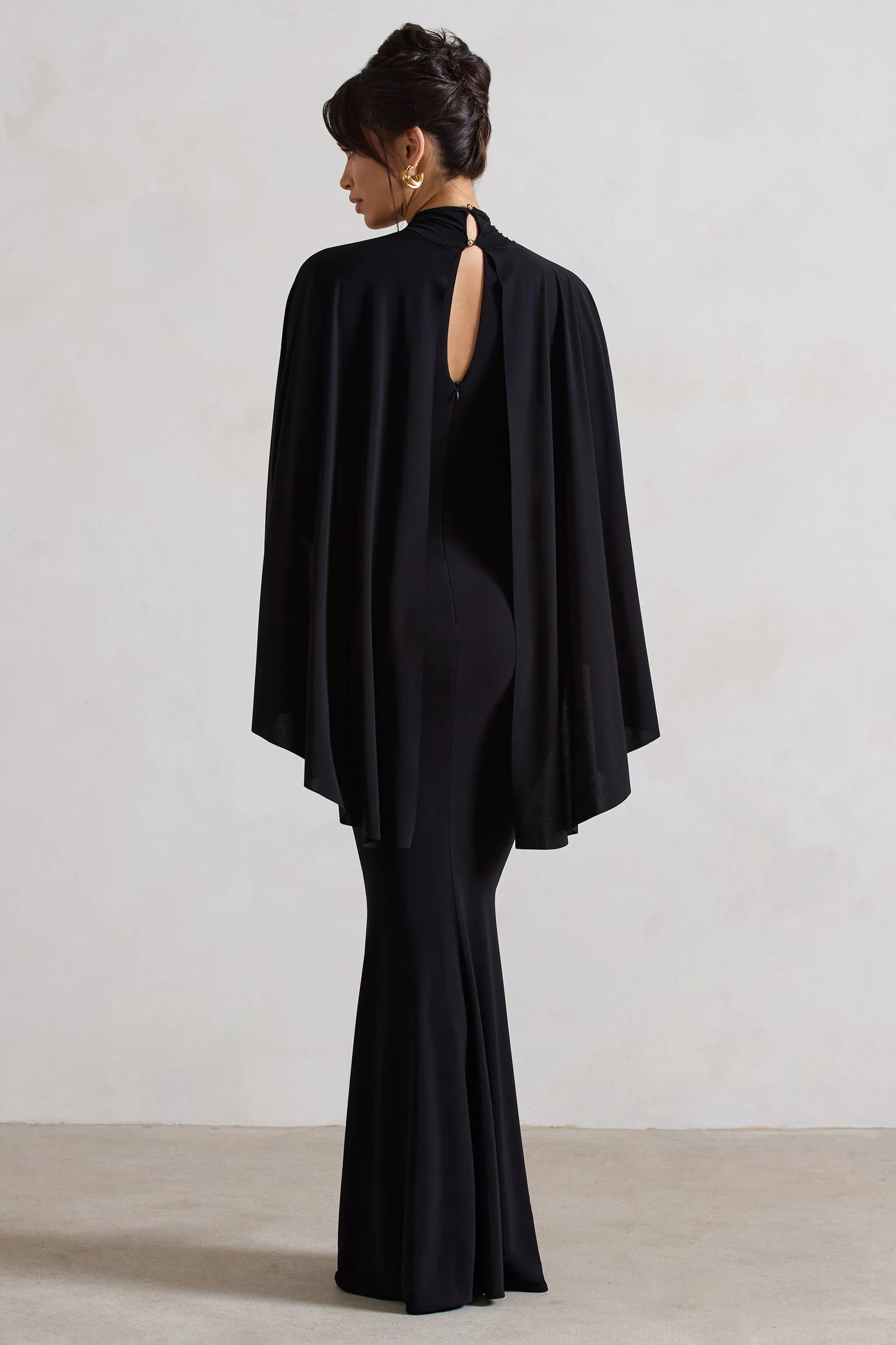 Audrina | Black Ruched Halter-Neck Split Maxi Dress With Cape