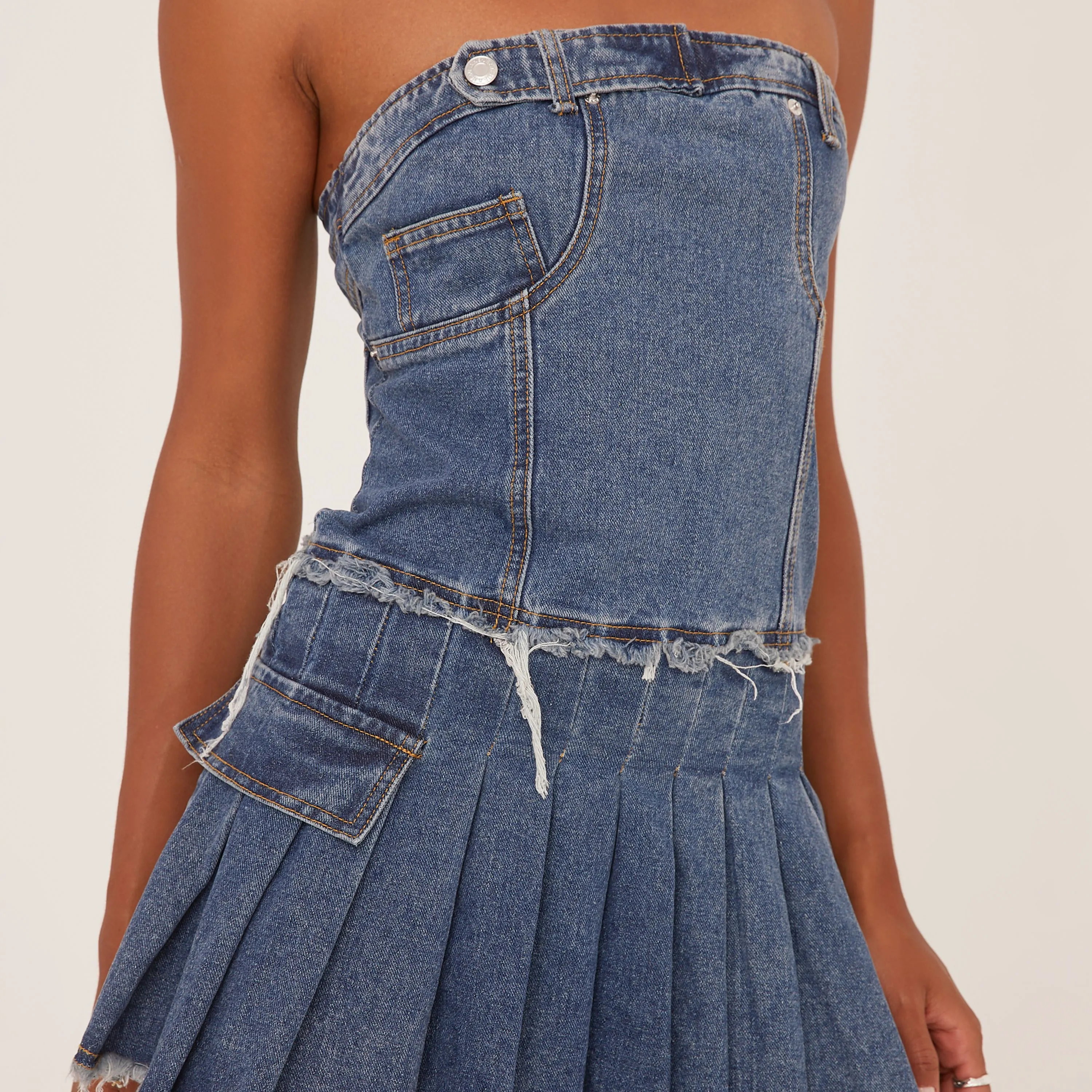 Bandeau Distressed Detail Pleated Mini Dress In Blue Denim