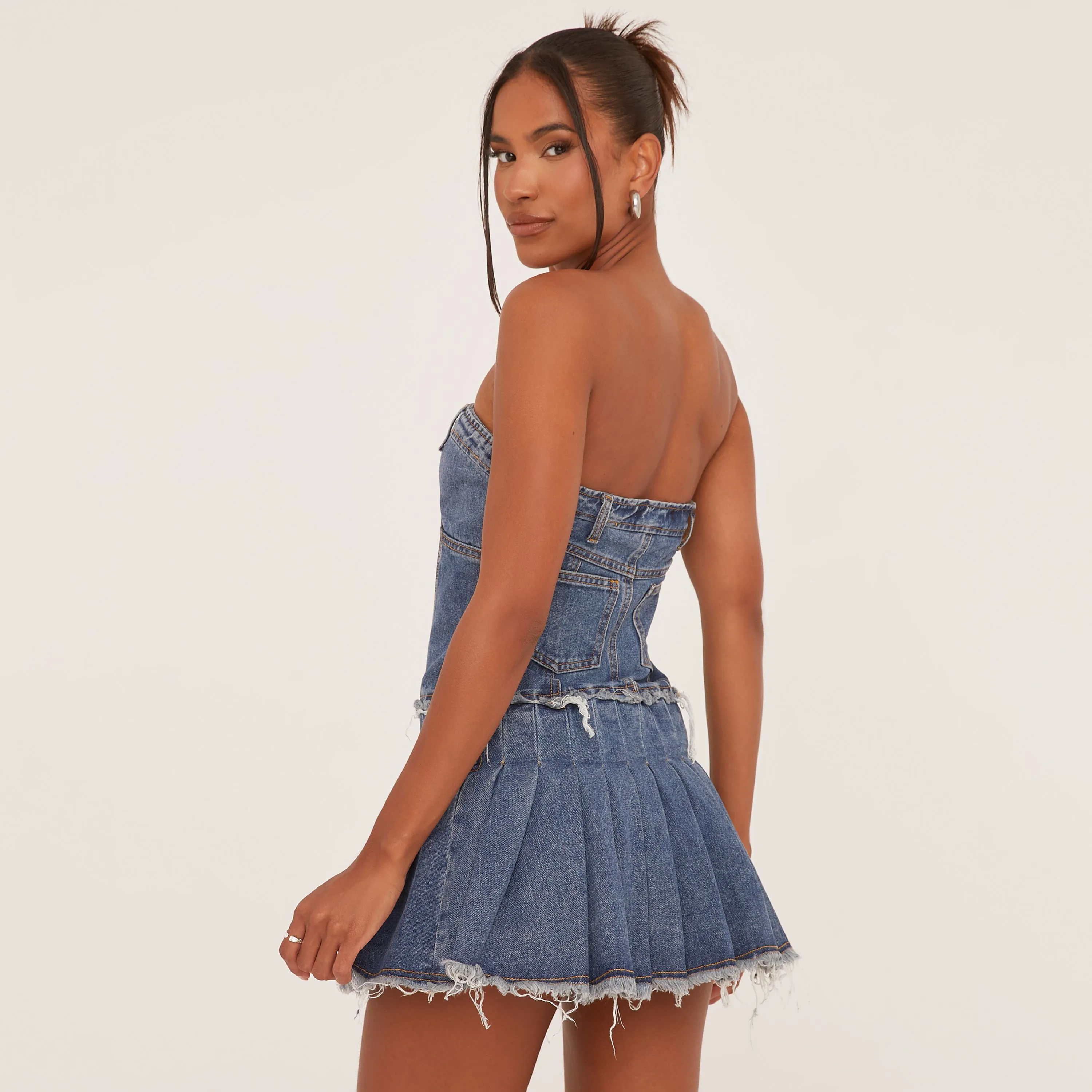 Bandeau Distressed Detail Pleated Mini Dress In Blue Denim