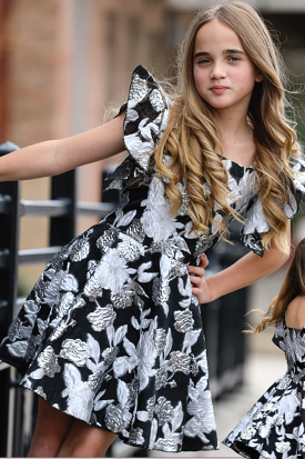 Black and silver floral ruffle sleeve dress