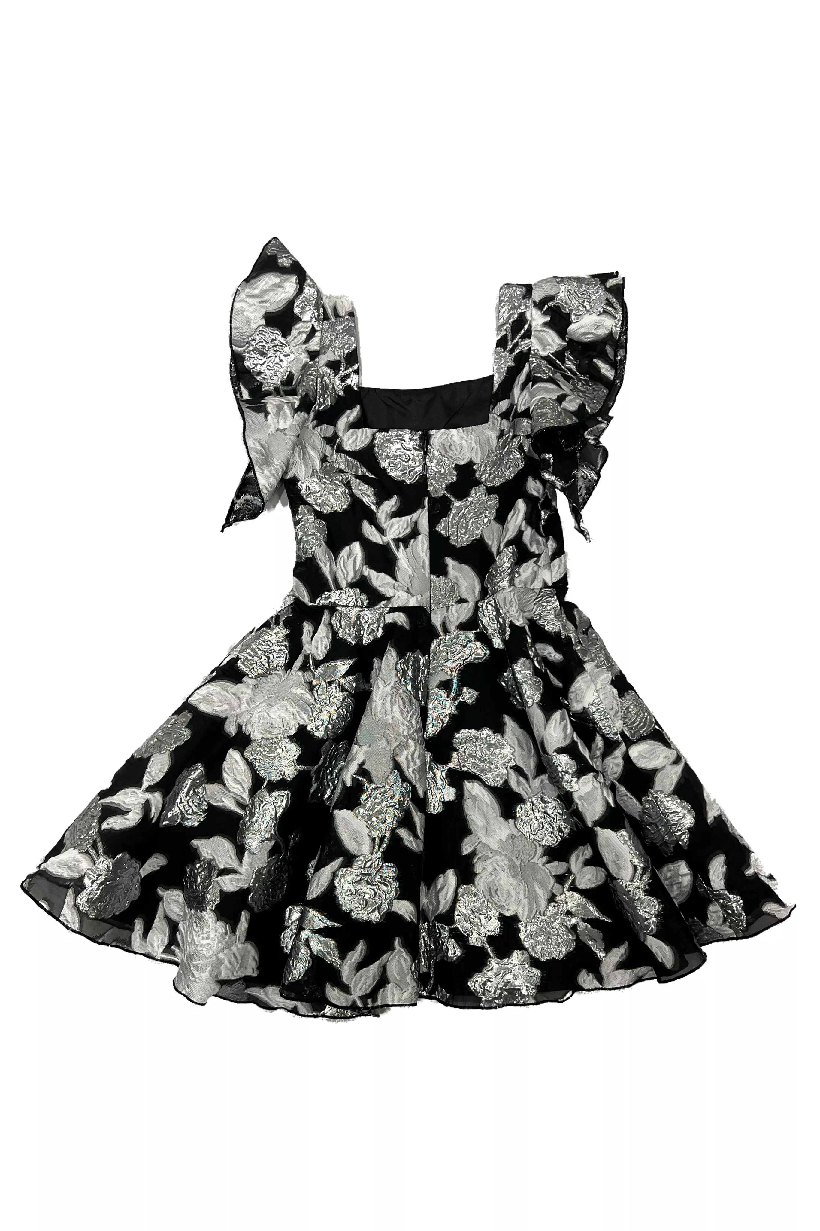 Black and silver floral ruffle sleeve dress