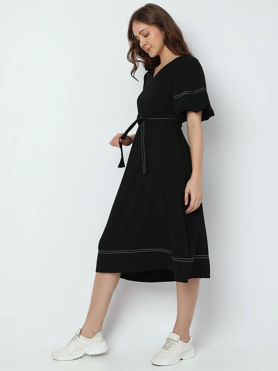 Black Contrast Thread Detail Dress