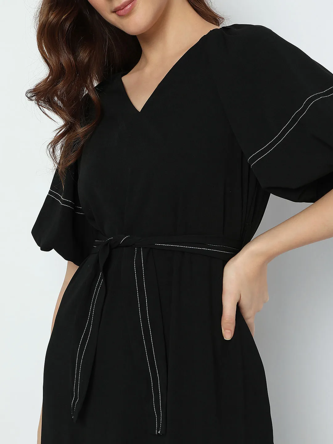 Black Contrast Thread Detail Dress