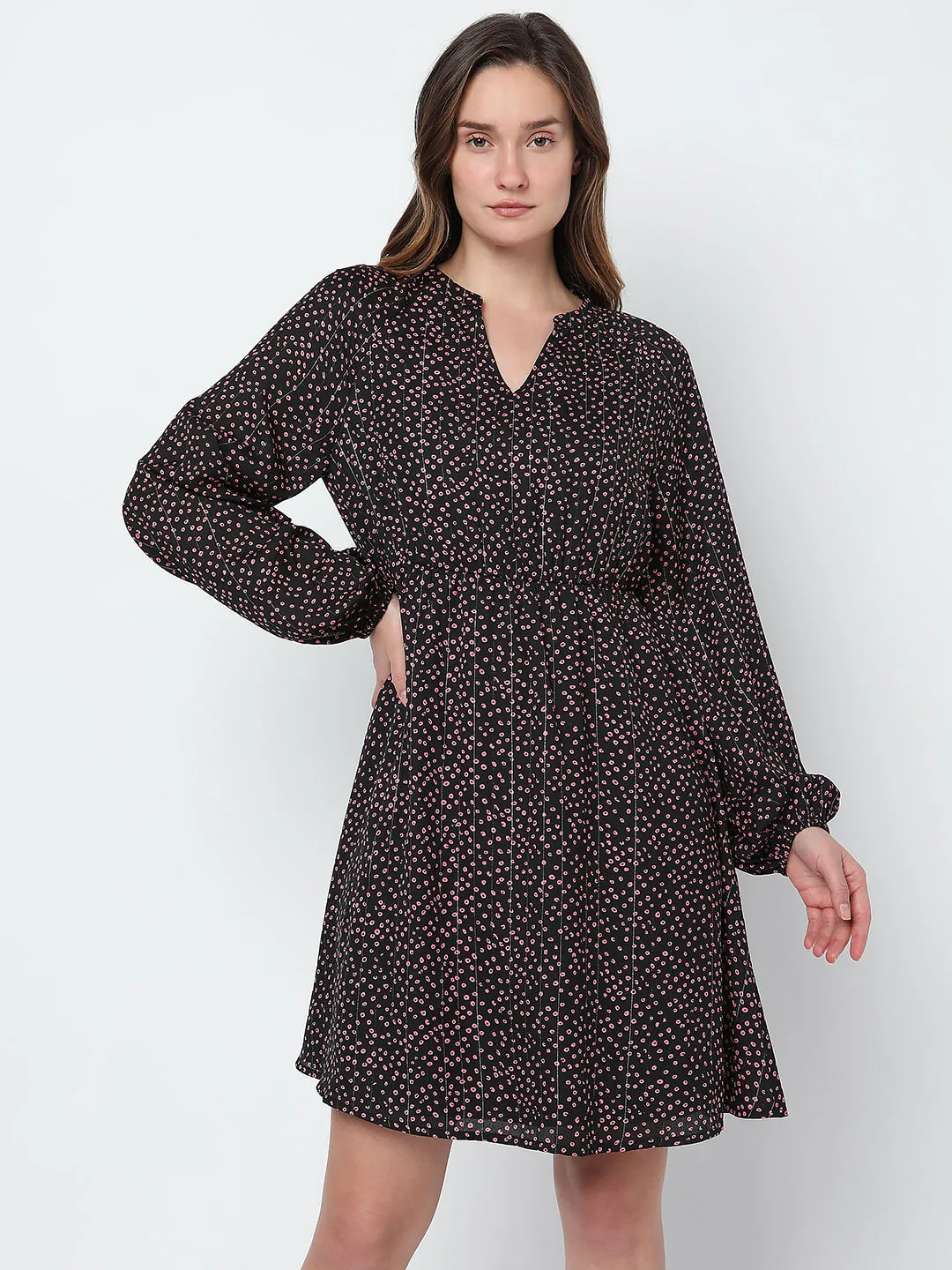 Black Ditsy Printed Fit & Flare Dress