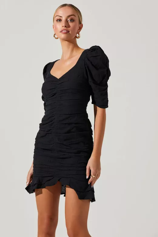 Black Eyelet Ruched Puff Sleeve Loiza Mini Dress