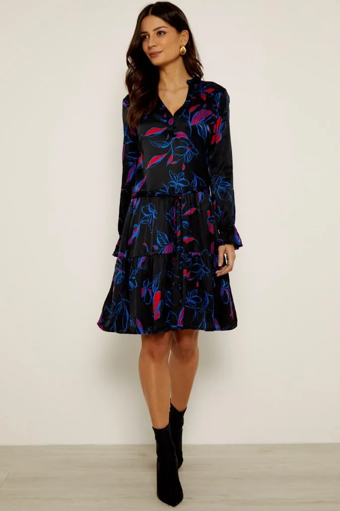 Black Floral Print Drawstring Waist Tunic Dress