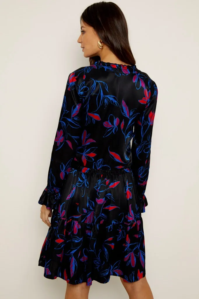 Black Floral Print Drawstring Waist Tunic Dress