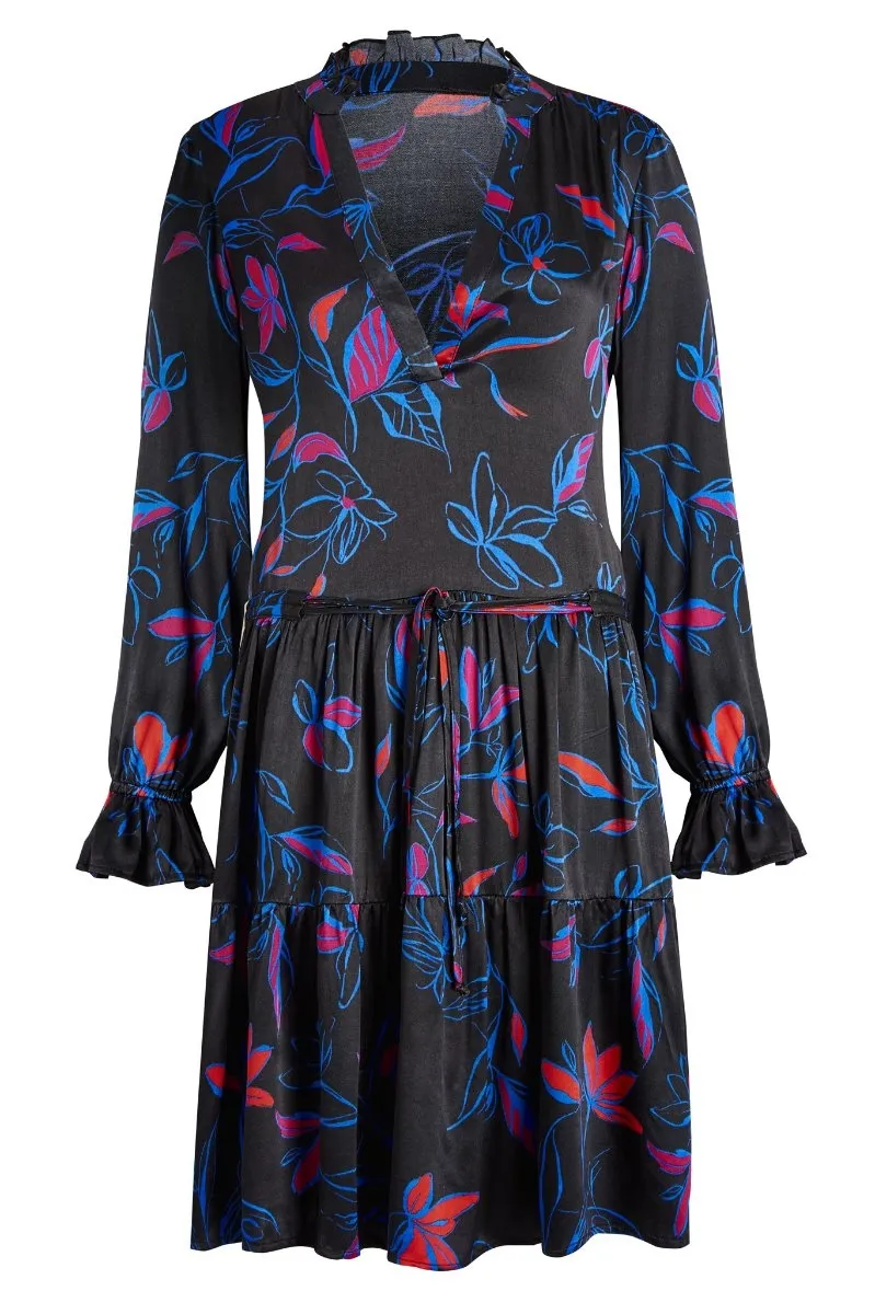 Black Floral Print Drawstring Waist Tunic Dress