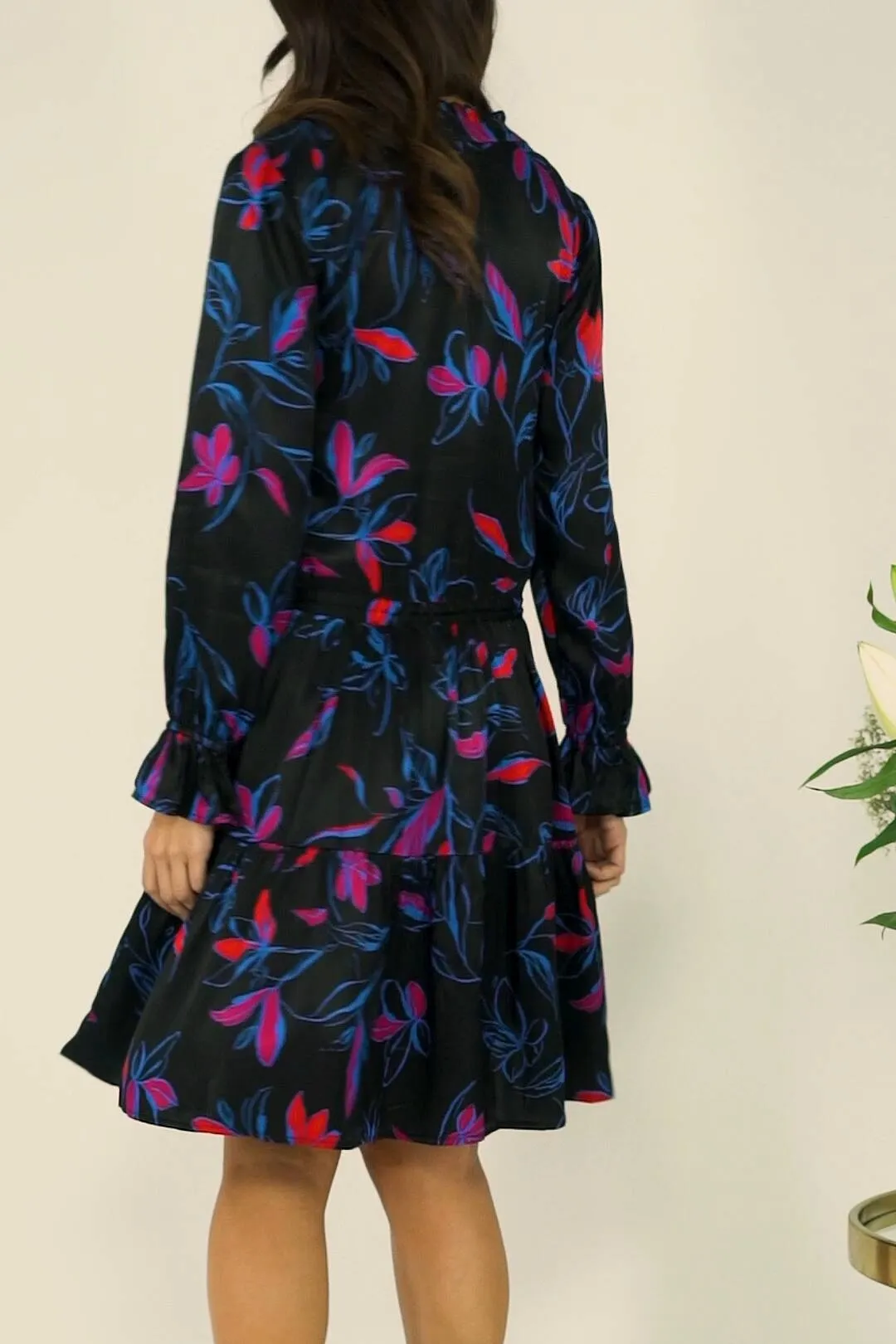 Black Floral Print Drawstring Waist Tunic Dress