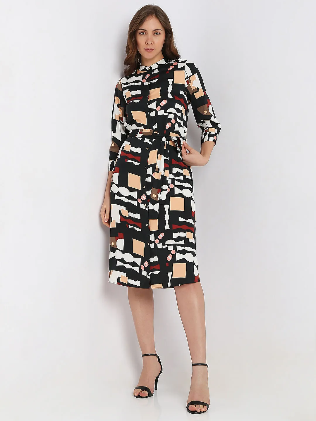 Black Geometric Print Midi Dress