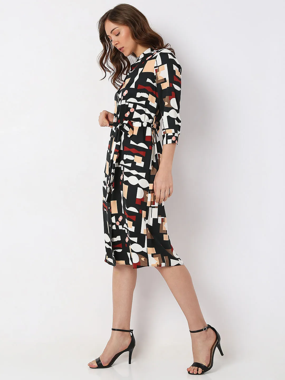 Black Geometric Print Midi Dress