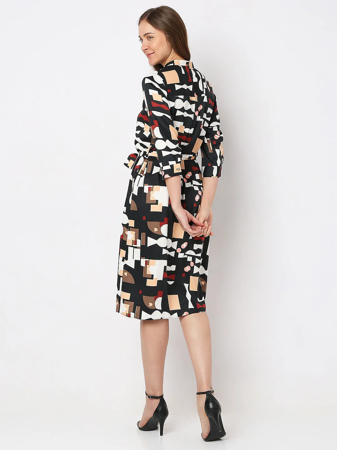 Black Geometric Print Midi Dress