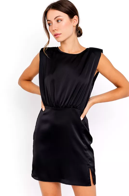 Black padded shoulder satin dress