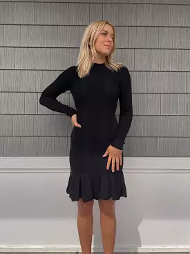 Black viscose rib knit long sleeve fit n flare dress