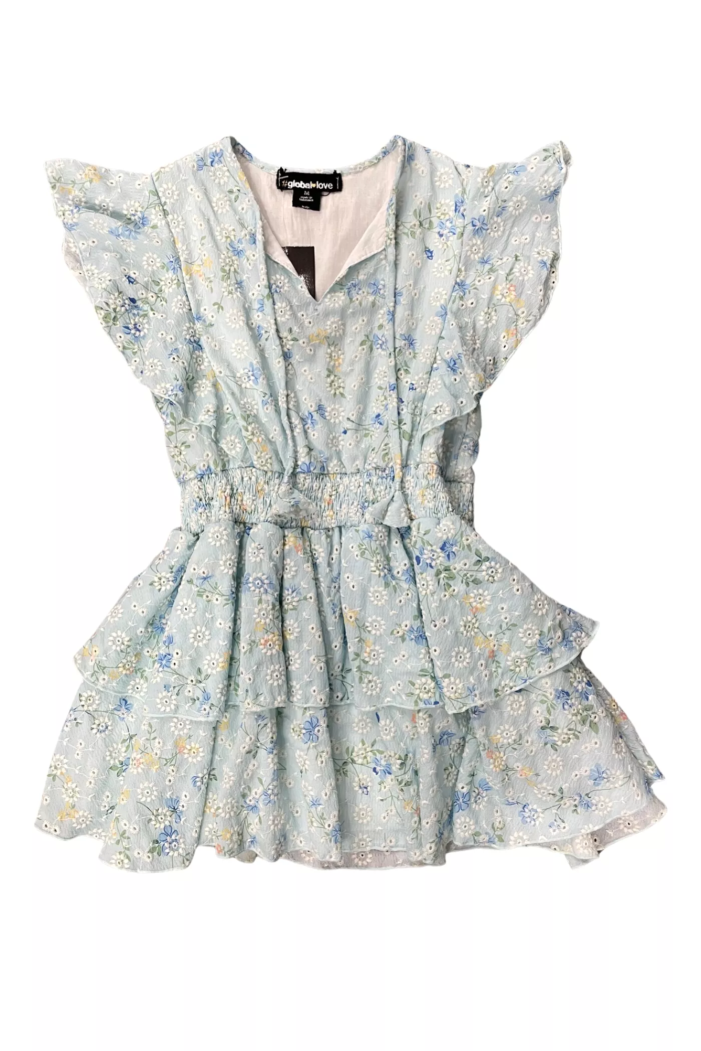 Blue Floral Eyelet Flutter Sleeve Dress