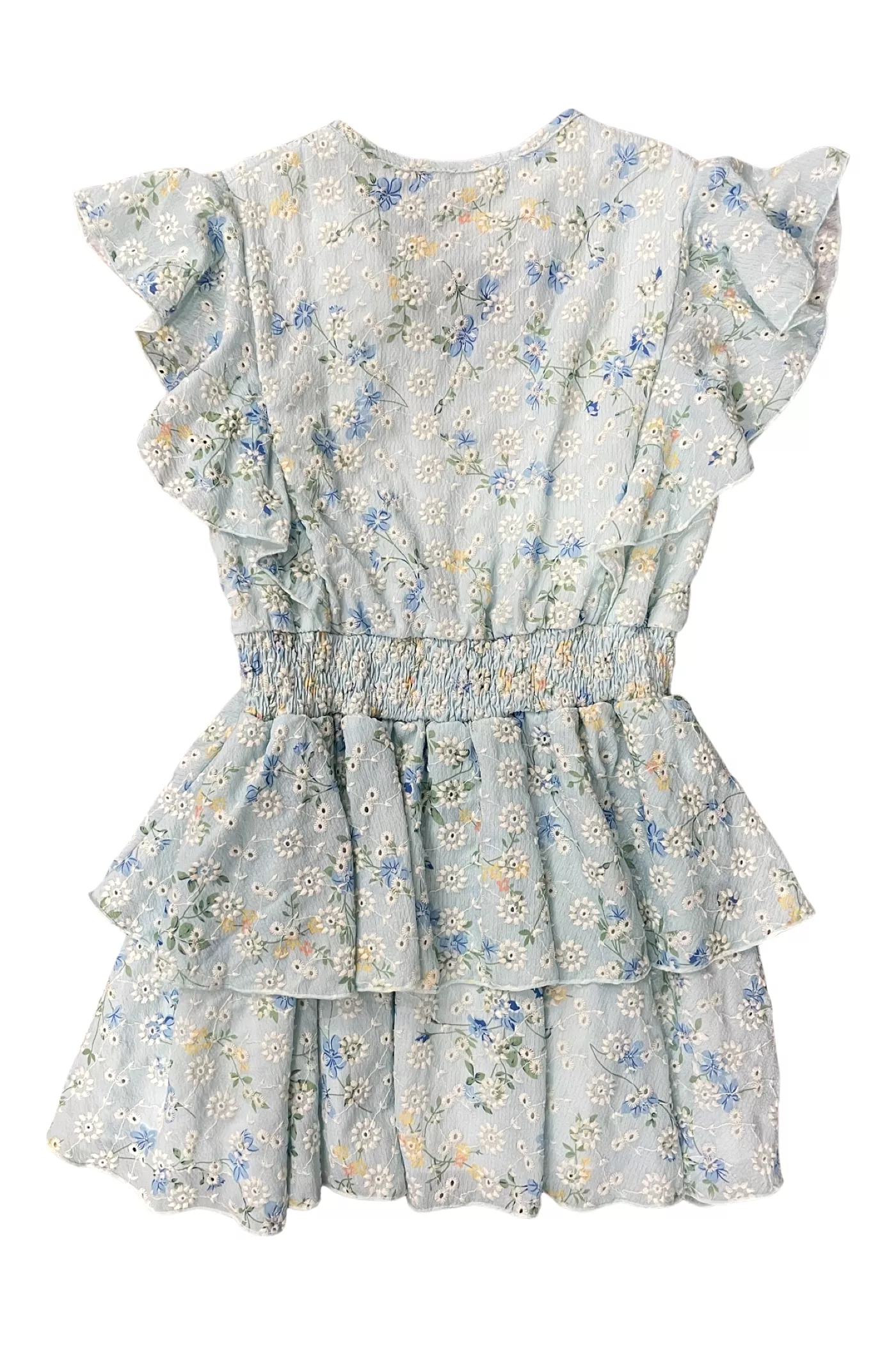 Blue Floral Eyelet Flutter Sleeve Dress