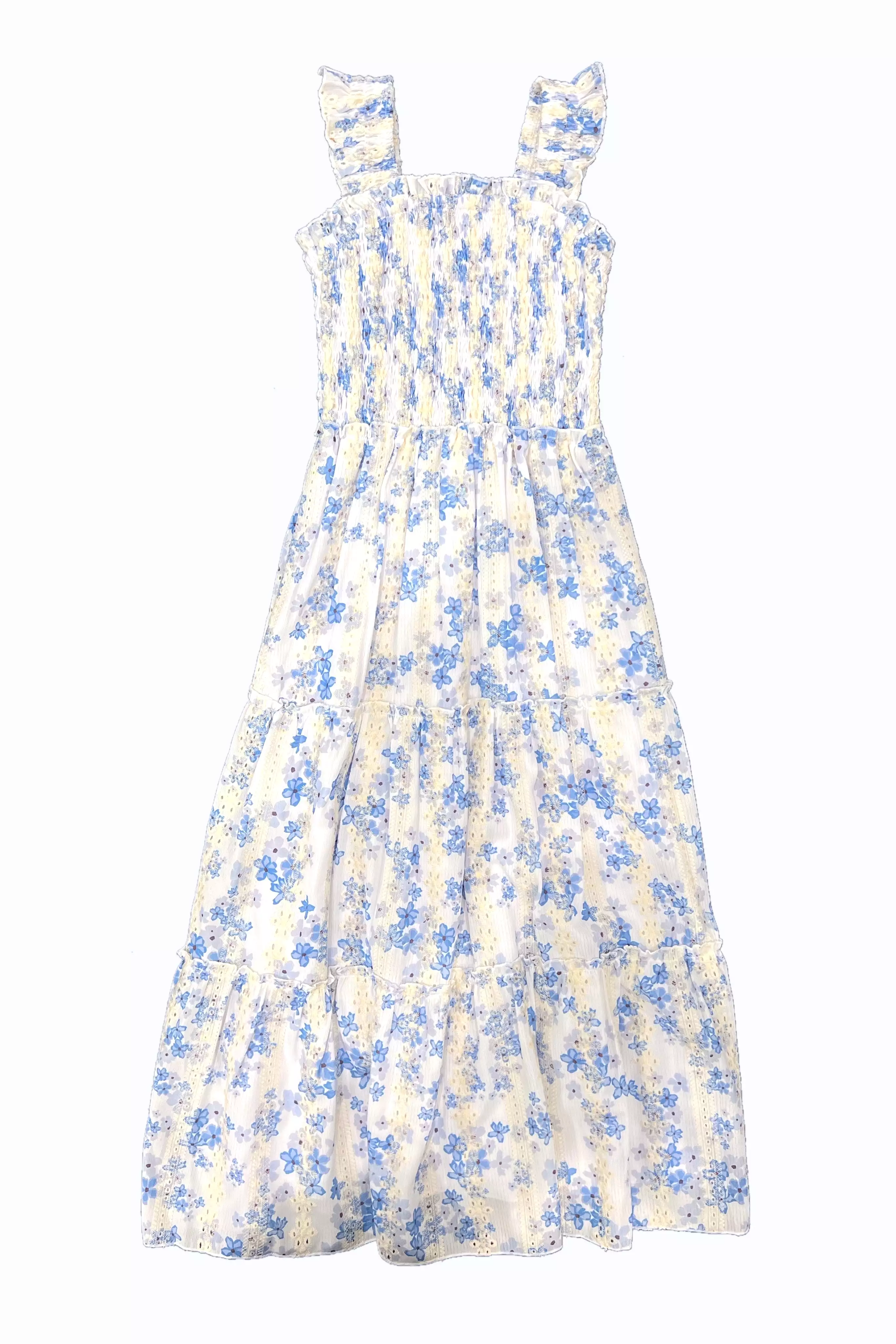 Blue Floral Eyelet Smocked Bodice Maxi Dress