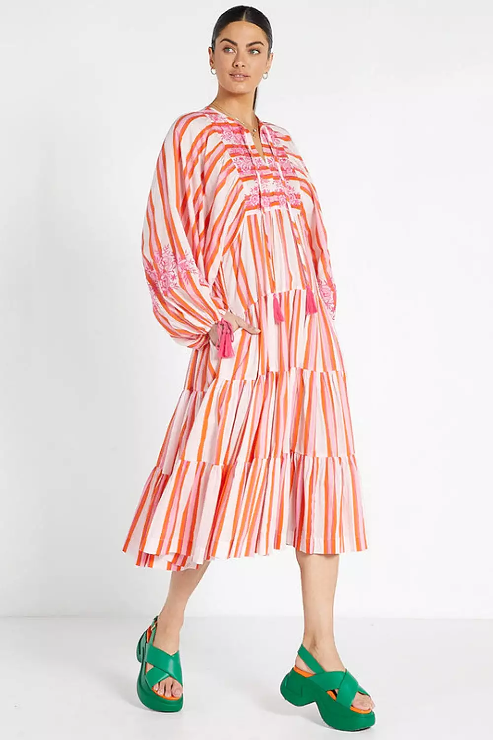 BOHO MIDI DRESS PINK MULTI STRIPE