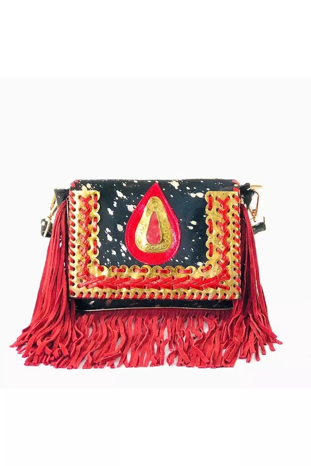 BOHO STONE FRANGE CROSSBODY BAG BLACK