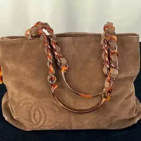 Chanel Brown Suede Bag With Tortoise Handles