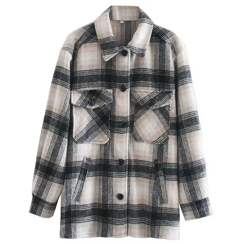 Classic Style Tartan Polyester Coat Shacket