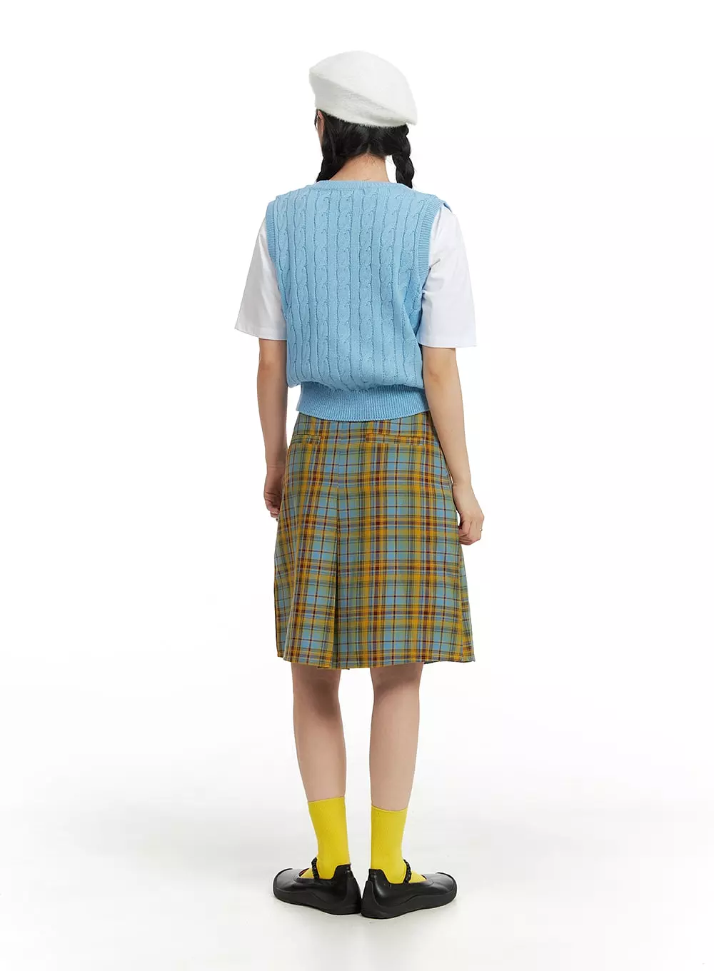 Contrasting Plaid Pleated Midi Skirt OM408