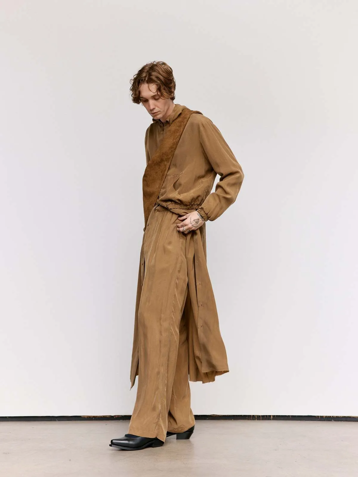 Cupro Wide Drawstring Trouser - Brown