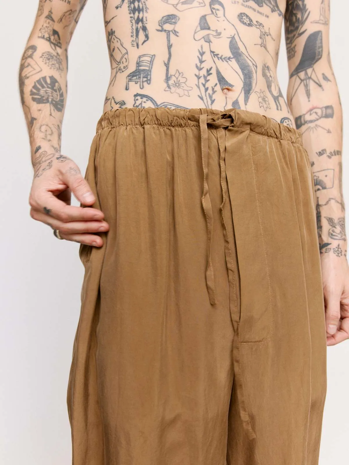 Cupro Wide Drawstring Trouser - Brown