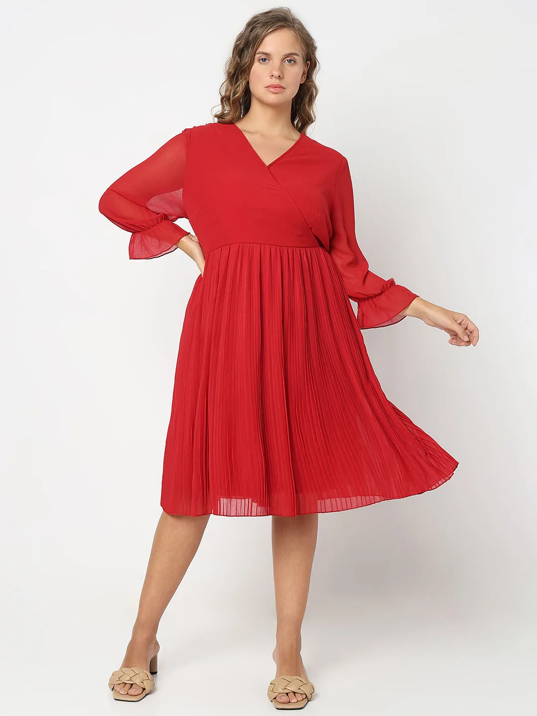 Curve Red Pleated Fit & Flare Dress