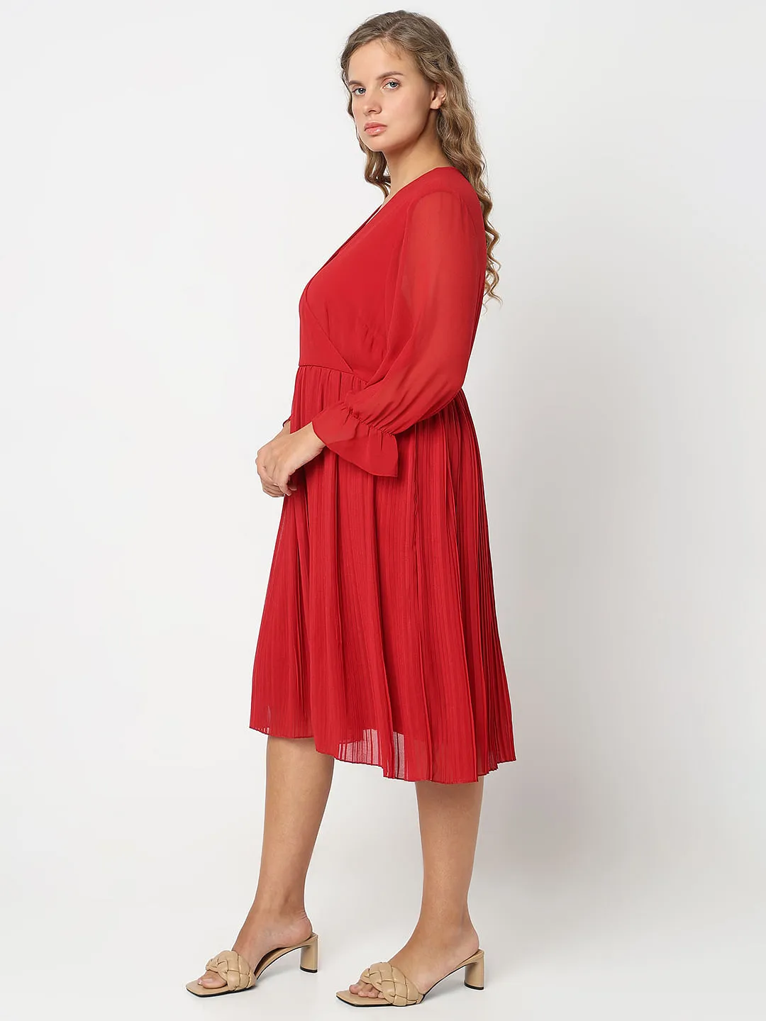 Curve Red Pleated Fit & Flare Dress