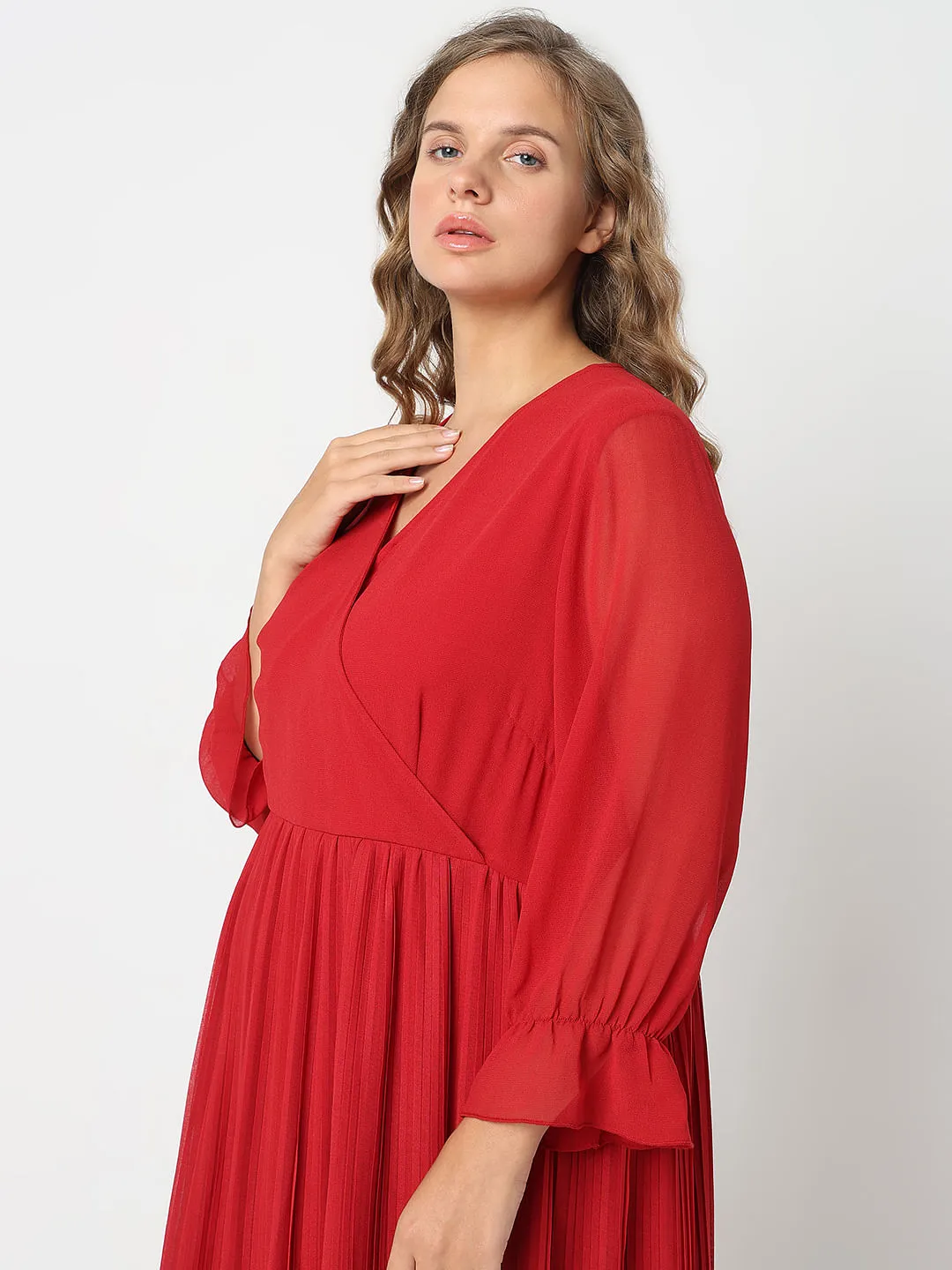 Curve Red Pleated Fit & Flare Dress