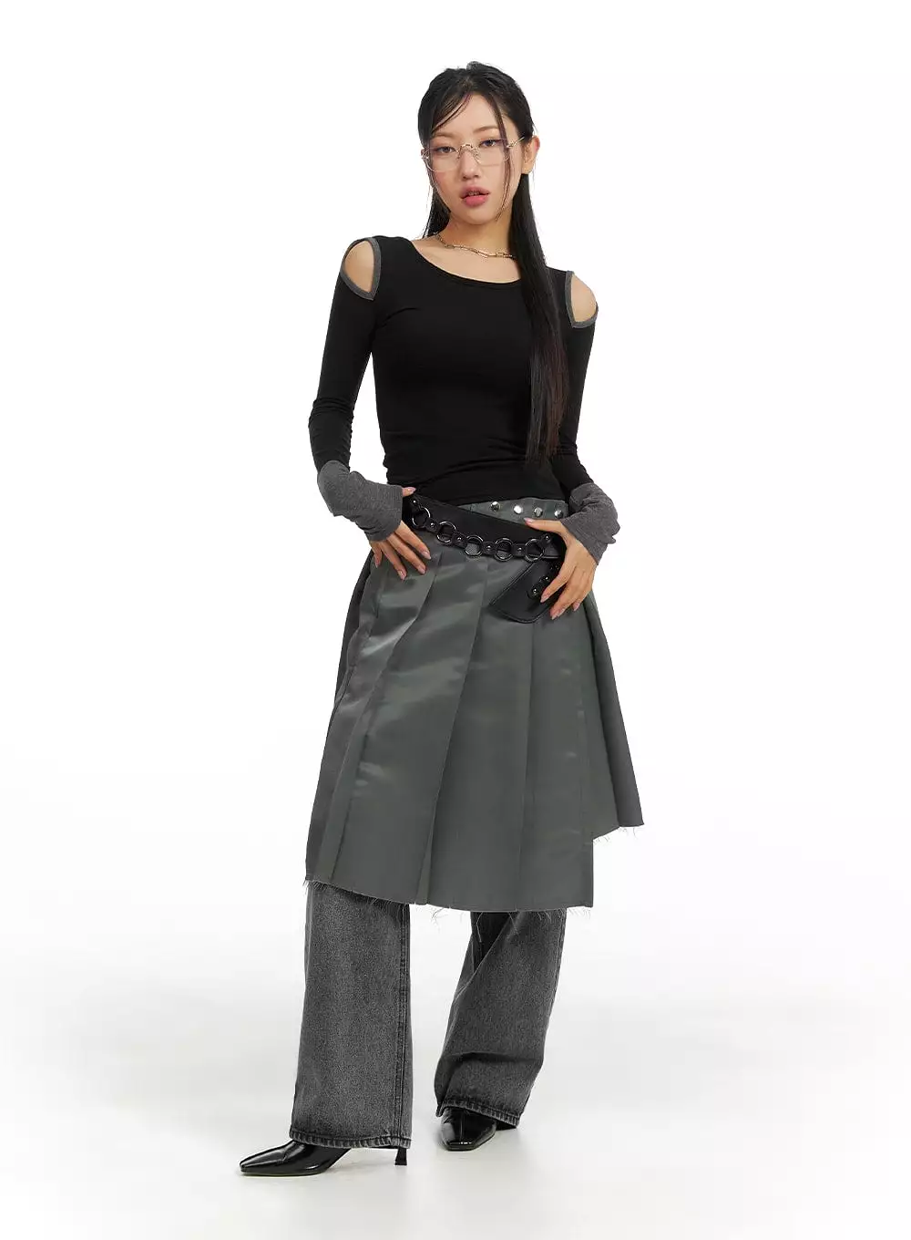 Destroyed Hem Pleated Midi Skirt CM412