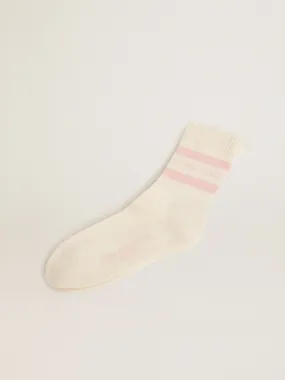 Distressed-finish white socks with baby-pink logo and stripes