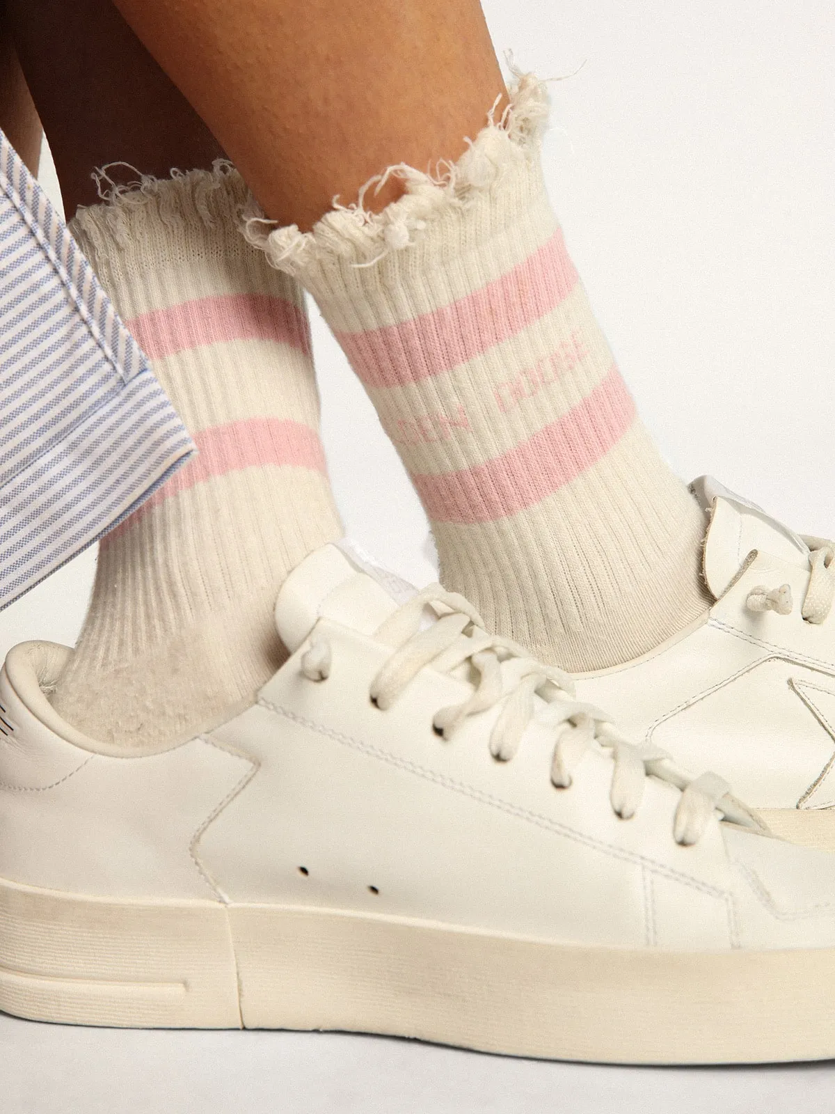 Distressed-finish white socks with baby-pink logo and stripes