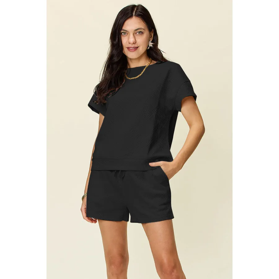 Double Take Full Size Texture Short Sleeve T-Shirt and Drawstring Shorts Set