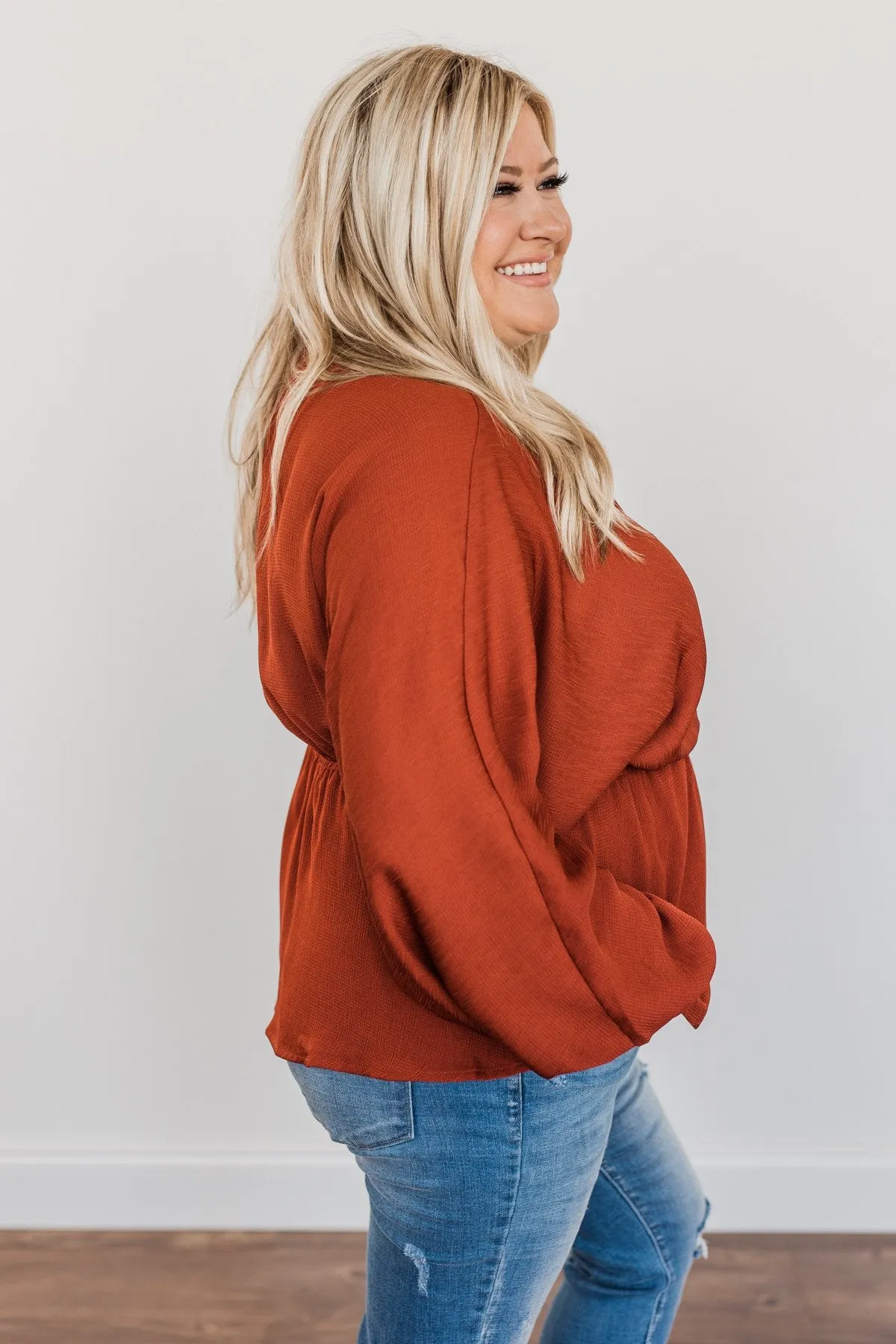 Effortlessly Elegant V-Neck Wrap Blouse- Deep Rust