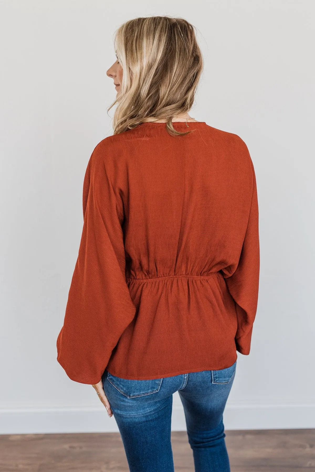 Effortlessly Elegant V-Neck Wrap Blouse- Deep Rust