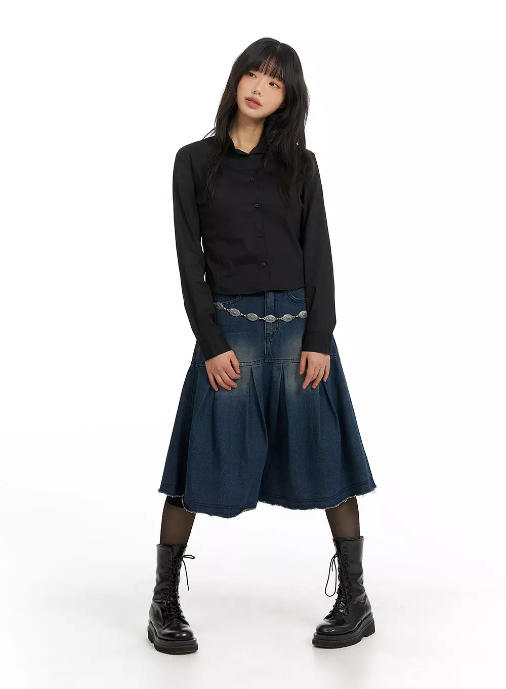 Flare Pleated Midi Denim Skirt CM413