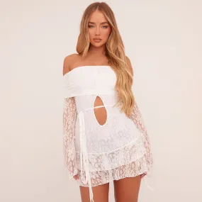 Fold Over Bardot Keyhole Cut Out Frill Hem Mini Dress In White Lace