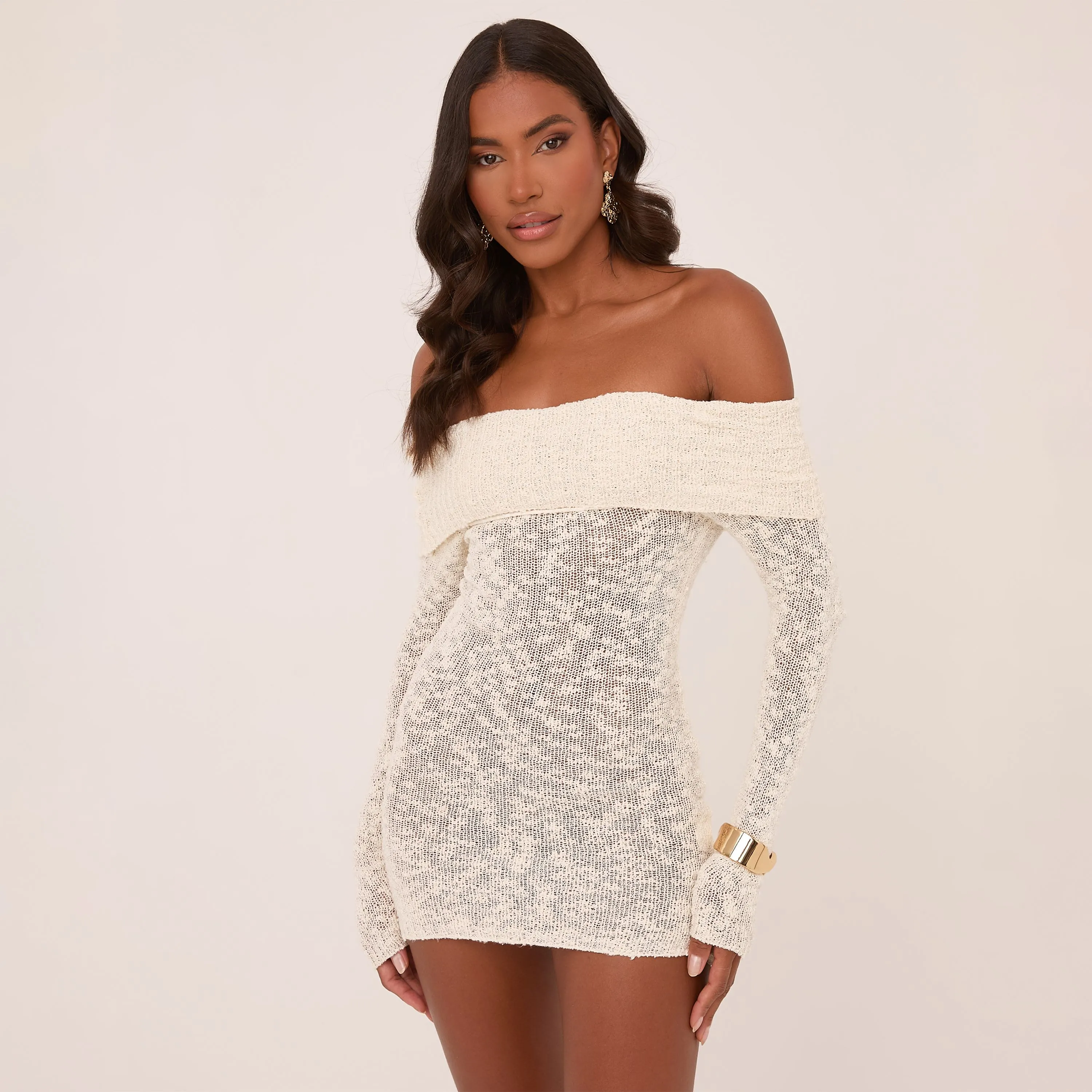 Fold Over Bardot Mini Bodycon Dress In Cream Textured Knit