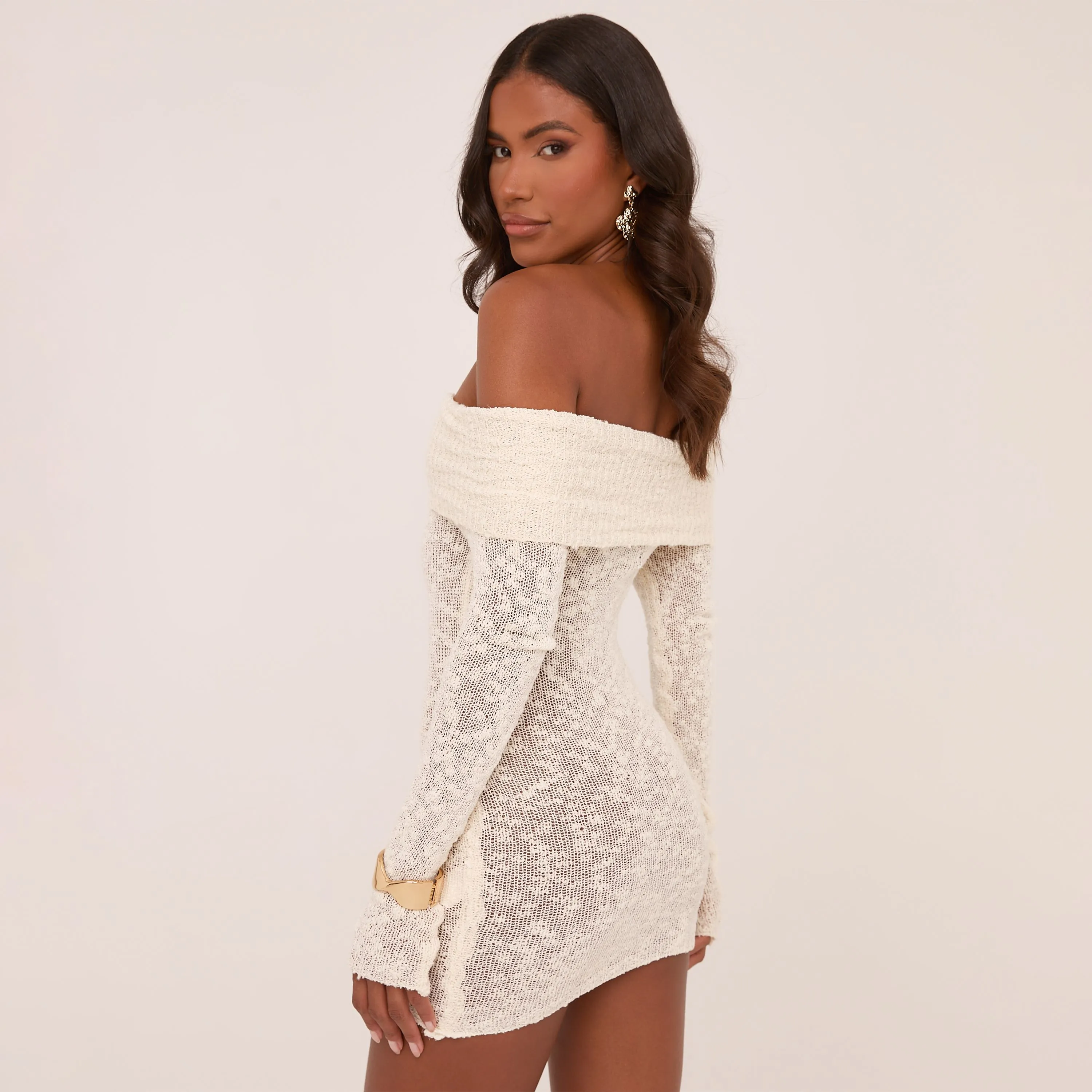 Fold Over Bardot Mini Bodycon Dress In Cream Textured Knit