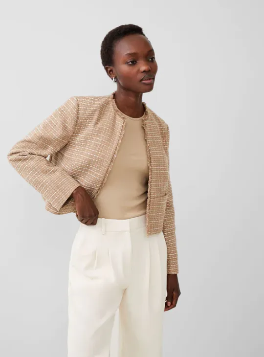 French Connection Effie Boucle Collarless Blazer Jacket in Cream and Camel