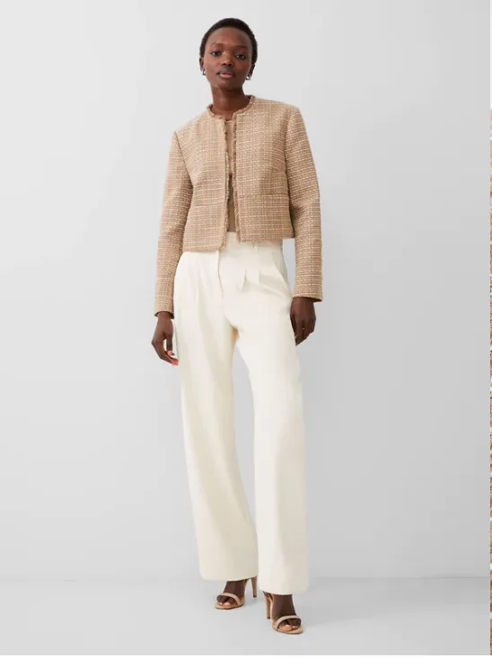 French Connection Effie Boucle Collarless Blazer Jacket in Cream and Camel