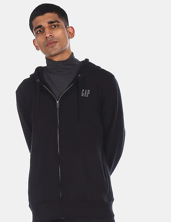 GAP Men Black Zip-Up Solid Drawstring Hooded Sweatshirt