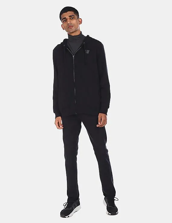 GAP Men Black Zip-Up Solid Drawstring Hooded Sweatshirt