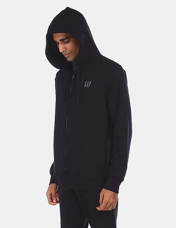 GAP Men Black Zip-Up Solid Drawstring Hooded Sweatshirt