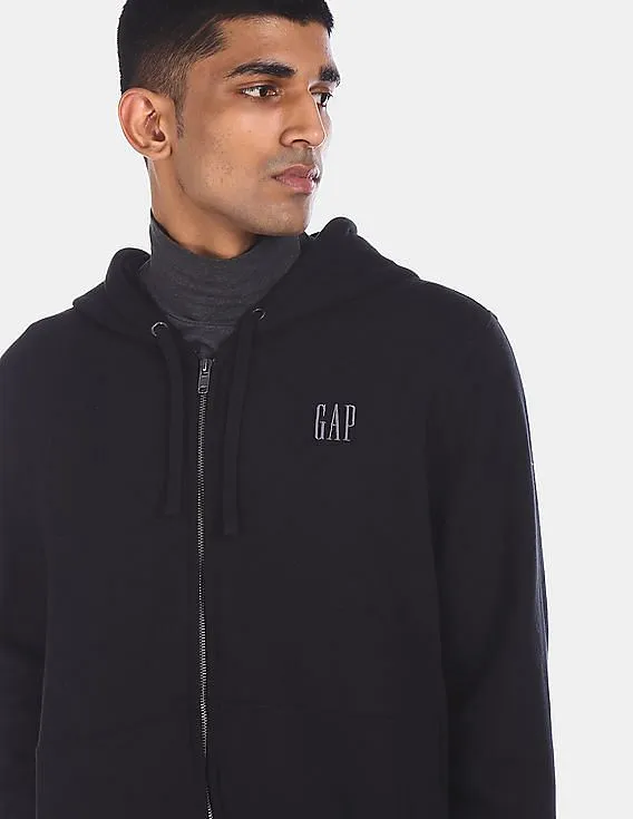 GAP Men Black Zip-Up Solid Drawstring Hooded Sweatshirt