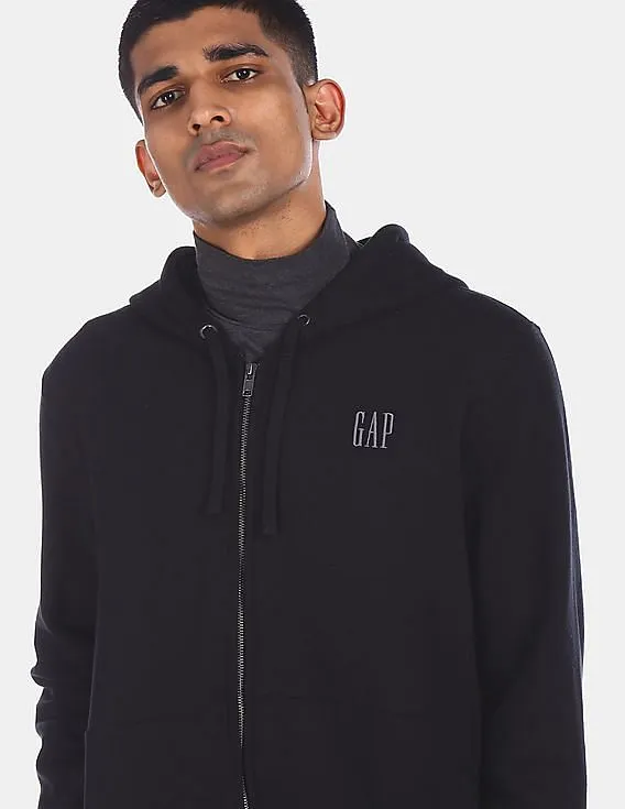 GAP Men Black Zip-Up Solid Drawstring Hooded Sweatshirt