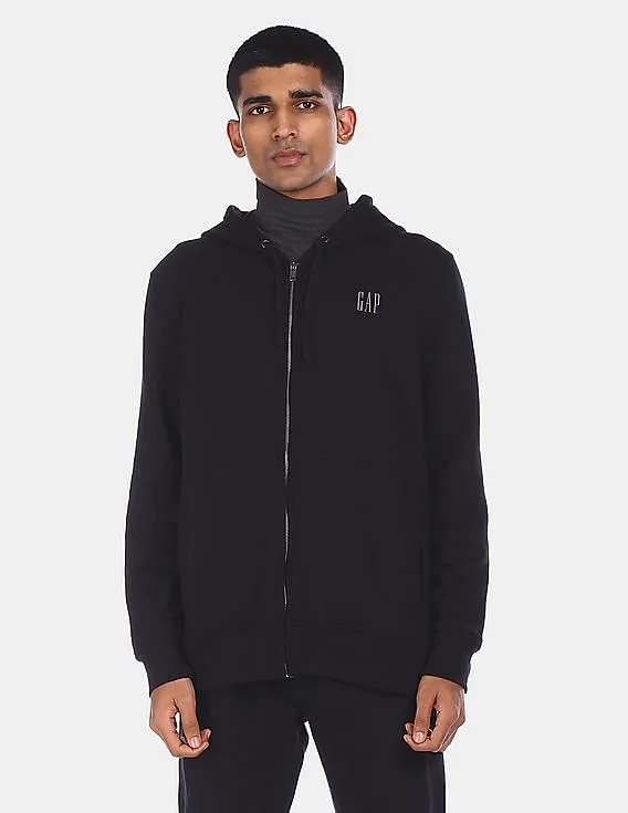 GAP Men Black Zip-Up Solid Drawstring Hooded Sweatshirt